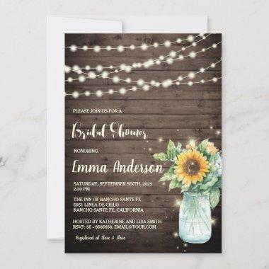 Rustic Wood Sunflower String Lights Bridal Shower Invitations