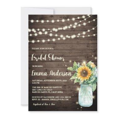 Rustic Wood Sunflower String Lights Bridal Shower Invitations