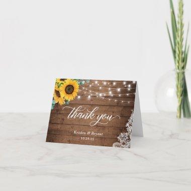 Rustic Wood Sunflower String Lights Lace Thank You Invitations