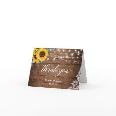 Rustic Wood Sunflower String Lights Lace Thank You Invitations