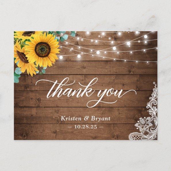 Rustic Wood Sunflower String Lights Lace Thank You PostInvitations