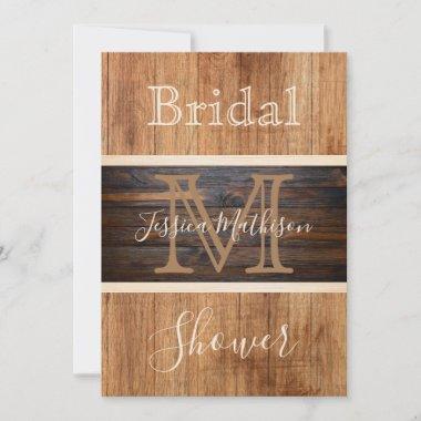 Rustic Wood Tone Monogram Bridal Shower Invitations