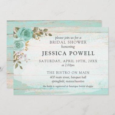 Rustic Wood Turquoise Floral Cottage Bridal Shower Invitations