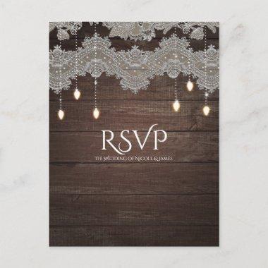 Rustic Wood & Vintage Lace & Lights Elegant RSVP Invitation PostInvitations