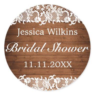 Rustic Wood & White Lace Bridal Shower Classic Round Sticker