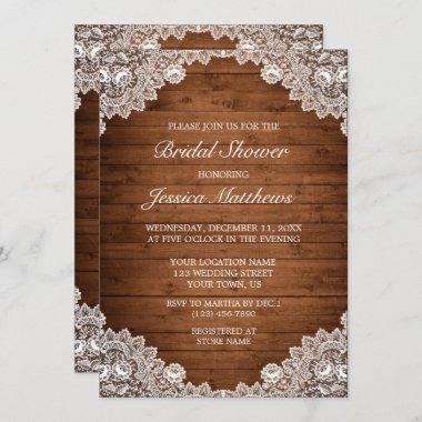 Rustic Wood & White Lace Bridal Shower Invitations