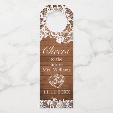 Rustic Wood & White Lace Cheers Bridal Shower Bottle Hanger Tag