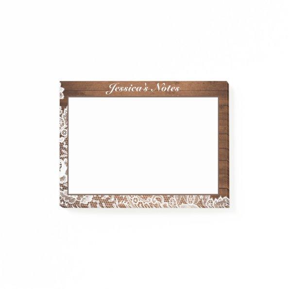 Rustic Wood & White Lace Custom Post-it Notes