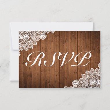 Rustic Wood & White Lace Wedding RSVP Card