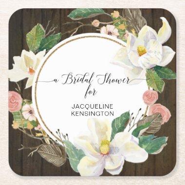 Rustic Wood White Magnolia Floral Watercolor Blush Square Paper Coaster