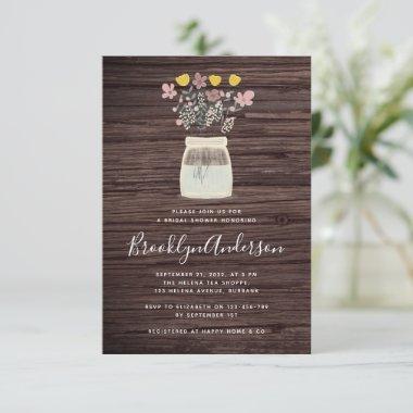 Rustic Wood Wildflower Mason Jar Bridal Shower Invitations