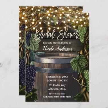 Rustic Wooden Barrel Grape Vines Bridal Shower Invitations