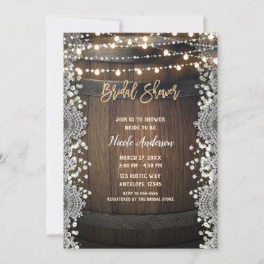 Rustic Wooden Barrel Lace & Lights Bridal Shower Invitations