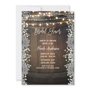 Rustic Wooden Barrel Lace & Lights Bridal Shower Invitations