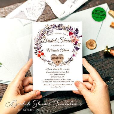 Rustic Wooden Hearts Floral Bridal Shower Invitations
