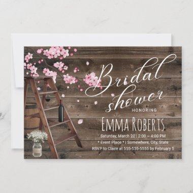 Rustic Wooden Ladder Cherry Blossom Bridal Shower Invitations