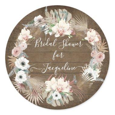 Rustic Wooden White Floral Palm Greenery Foliage Classic Round Sticker