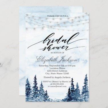 Rustic Woodland, String Lights, Watercolor Trees Invitations