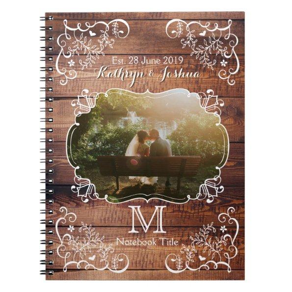 Rustic Woodland Wedding Photo Wood Panel Monogram Notebook