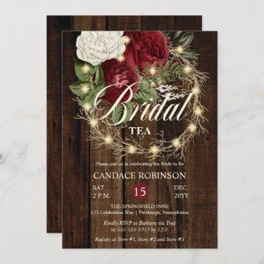 Rustic Woodsy Lighted Wreath Bridal Tea Invitations