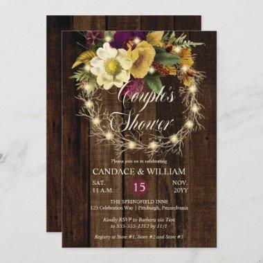 Rustic Woodsy Lighted Wreath Couple's Shower Invitations