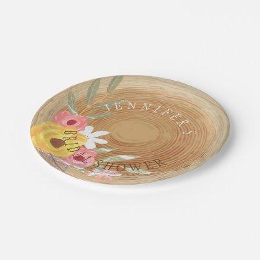 Rustic Woodsy Watercolor Floral Bridal Shower Paper Plates