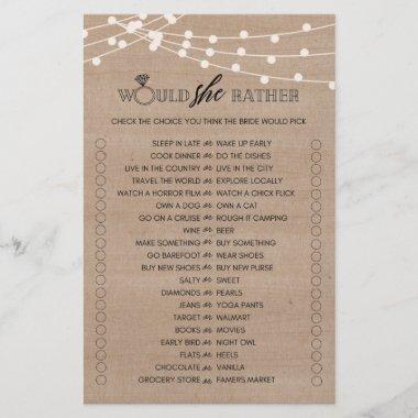 Rustic would she rather bridal shower game flyer