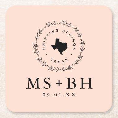 Rustic Wreath Texas Wedding Monogram | Blush Square Paper Coaster