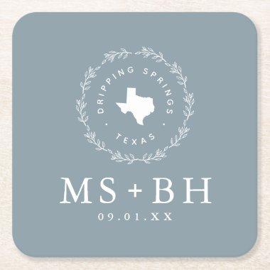 Rustic Wreath Texas Wedding Monogram | Dusty Blue Square Paper Coaster