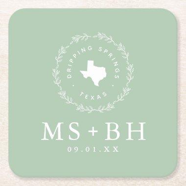 Rustic Wreath Texas Wedding Monogram | Sage Square Paper Coaster