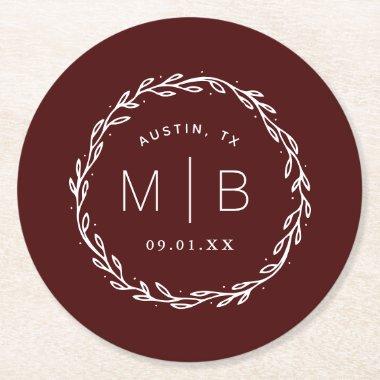 Rustic Wreath Wedding Monogram | Burgundy Round Paper Coaster