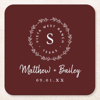 Rustic Wreath Wedding Monogram | Burgundy Square Paper Coaster