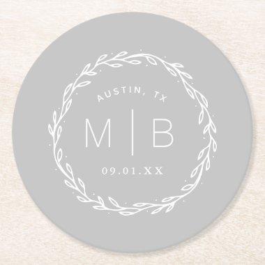 Rustic Wreath Wedding Monogram | Gray Round Paper Coaster