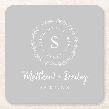 Rustic Wreath Wedding Monogram | Gray Square Paper Coaster