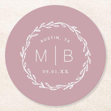 Rustic Wreath Wedding Monogram | Mauve Round Paper Coaster