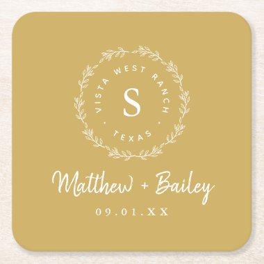 Rustic Wreath Wedding Monogram | Mustard Yellow Square Paper Coaster