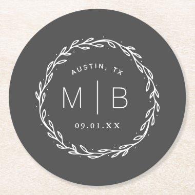 Rustic Wreath Wedding Monogram Round Paper Coaster