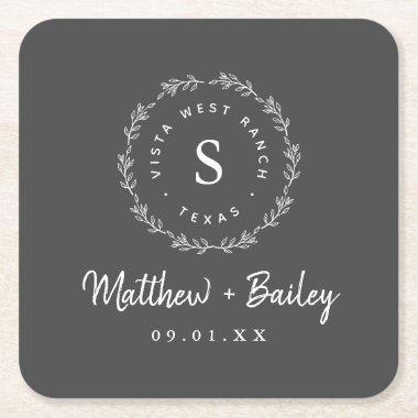 Rustic Wreath Wedding Monogram Square Paper Coaster
