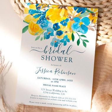 Rustic yellow blue floral watercolor bridal shower Invitations