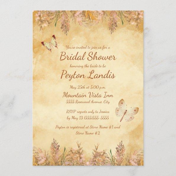 Rustic Yellow Butterflies Pampas Bridal Shower Invitations