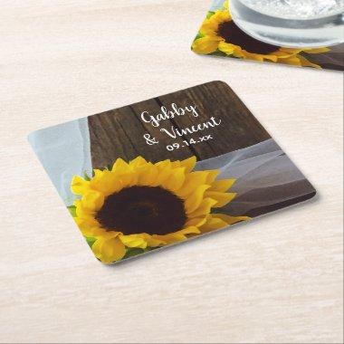 Rustic Yellow Sunflower and Barn Wood Wedding Square Paper Coaster