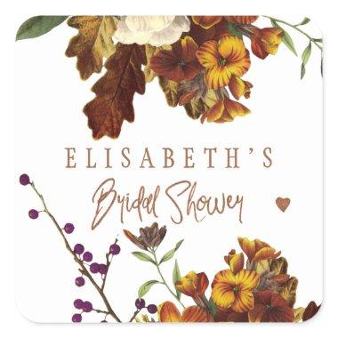 Rusty burgundy fall copper glitter bridal shower square sticker