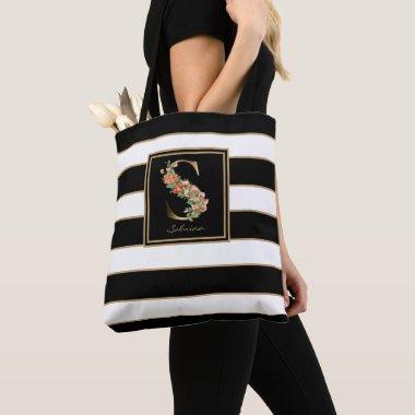 S Gold Floral Monogram | Black White Gold Stripes Tote Bag