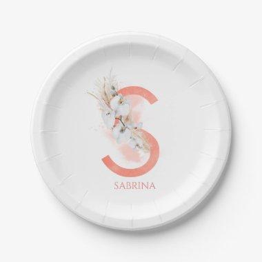 S Monogram Name Pampas Grass White Orchids Paper Plates