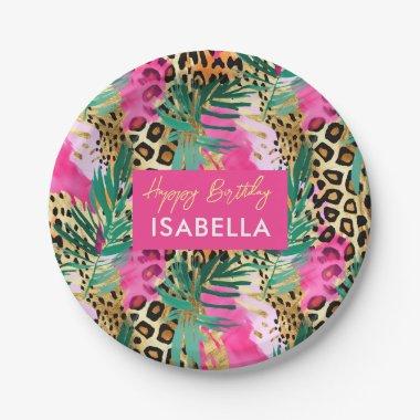 Safari Animals' Fur Prints Pattern Green Pink Gold Paper Plates