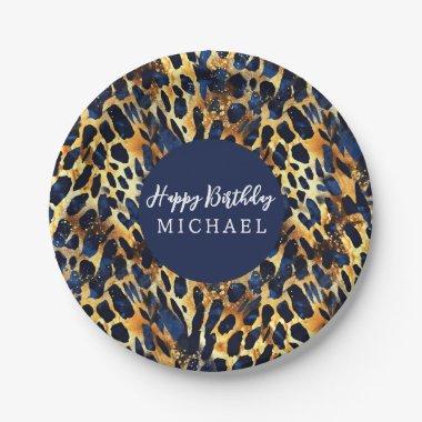 Safari Animals' Fur Prints Pattern Navy Blue Gold Paper Plates