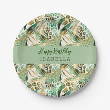 Safari Animals' Fur Prints Pattern & Palm Leaves Paper Plates