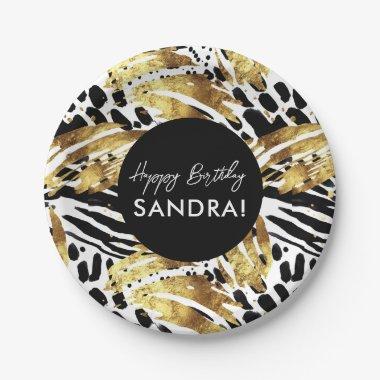 Safari Animals' Fur Prints Patterns Black and Gold Paper Plates