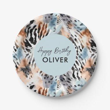 Safari Animals' Fur Prints Patterns Light Blue Paper Plates