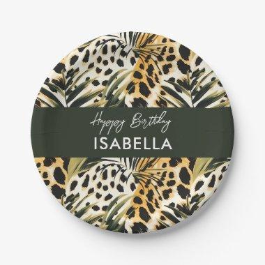 Safari Animals' Fur Prints Patterns & Palm Leaves Paper Plates